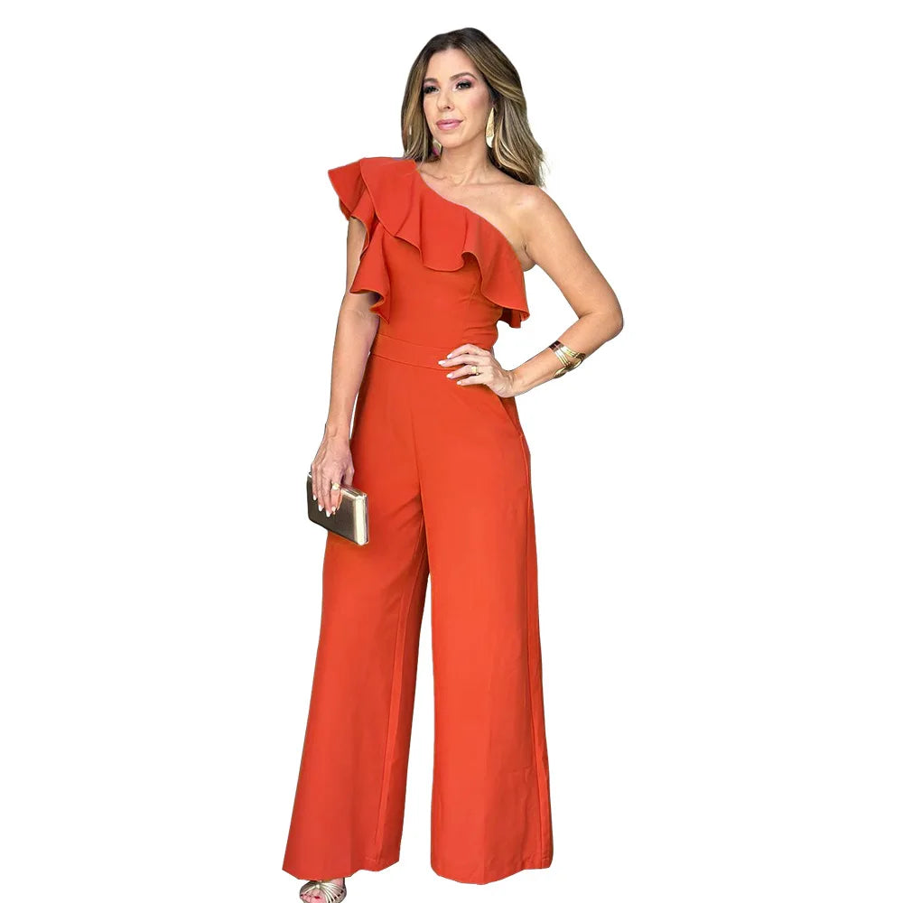 Women's Jumpsuit Fashion Elegant office Long Jumpsuit for Woman Summer New Solid Sleeveless Ruffle Hem One Shoulder Jumpsuits