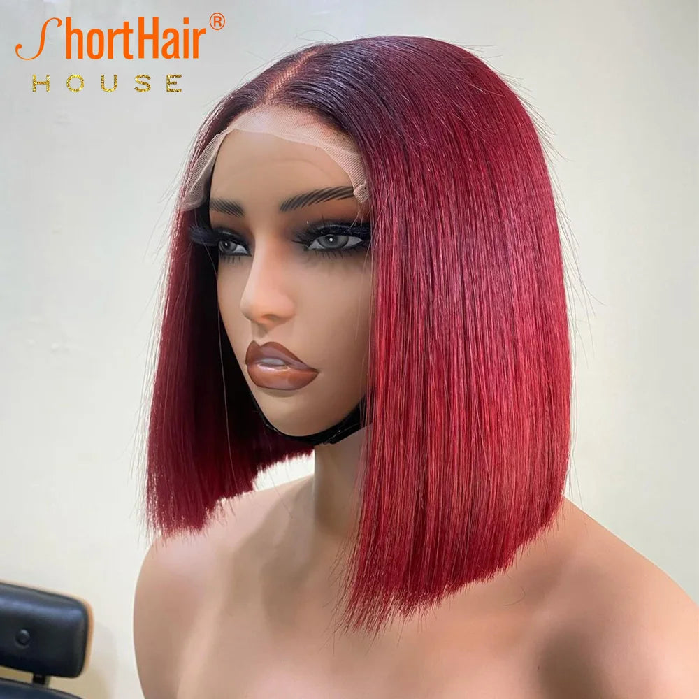 99J Color Short Bob Wigs Lace Closure Human Hair Wigs Brazilian 13x4 Lace Frontal Human Hair Chocolate Brown Straight Bob Wigs