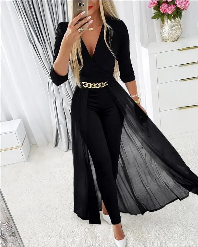 Fall Outfits Women Chain Decor Sheer Mesh Overlay Long Sleeve Tight Fitting Jumpsuit Fashion and Elegant Commuting Combinations