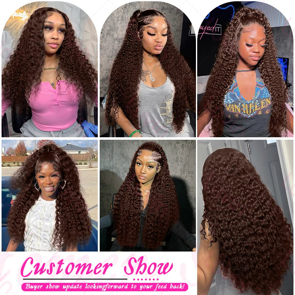 13x6 HD Chocolate Brown Curly Lace Front Wigs Brazilian Colored Deep Wave 13x4 Lace Frontal Human Hair Wig For Women
