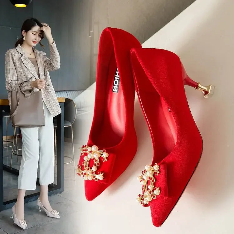 Women's Red High Heels Shoes Showing Off Wheat Grain Design Chinese Style Pearl Buckle Middle Heel Single Shoes