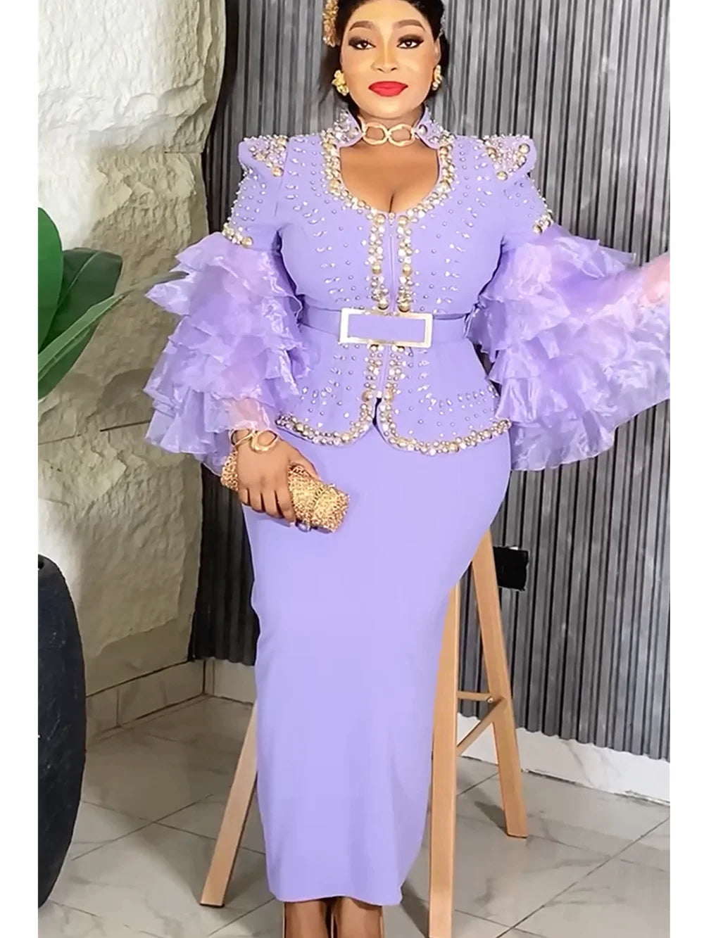 Elegant African Dresses For Women 2025 New Fashion Ruffle Sleeve Wedding Party Long Dress Plus Size Evening Gown Ladies Clothing