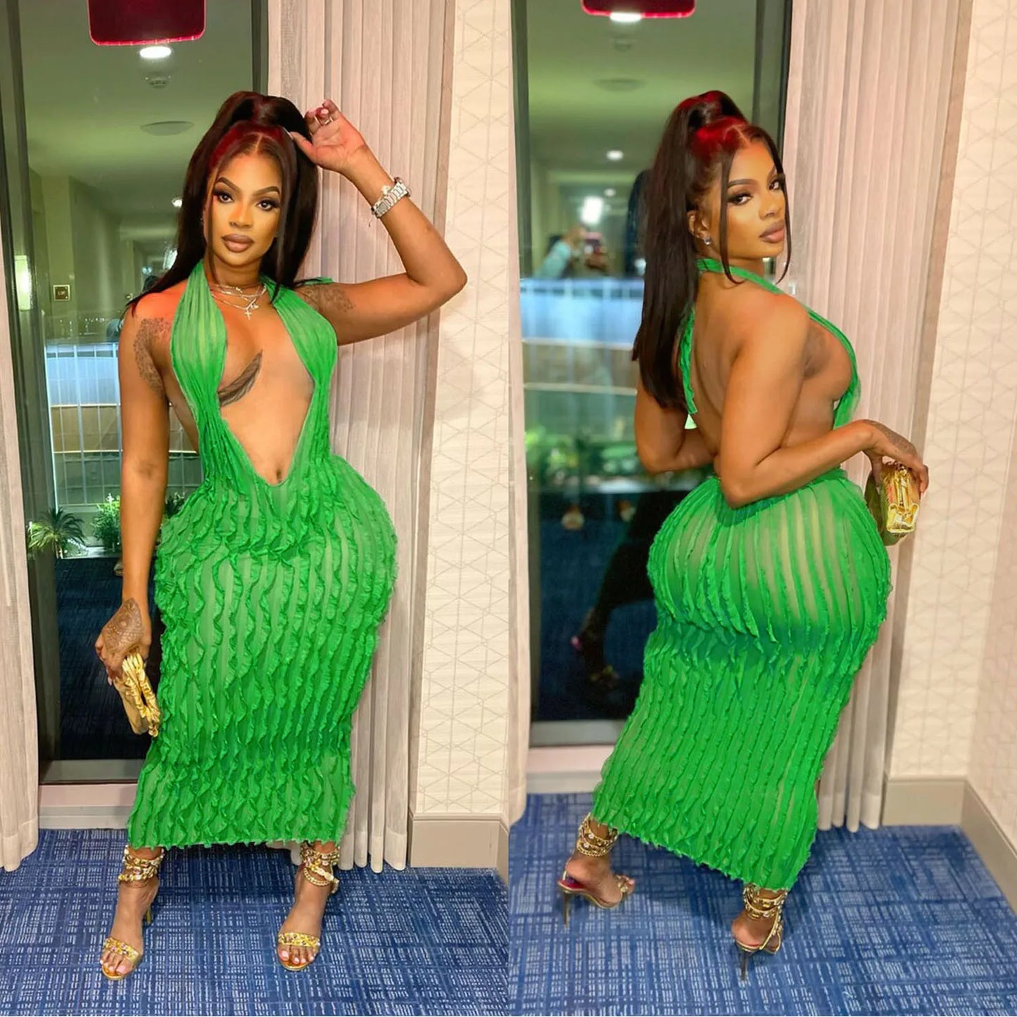 Summer New Party Dinner European and American Fashion Women's Dress Solid Color Hollow Wavy Long Dress Women