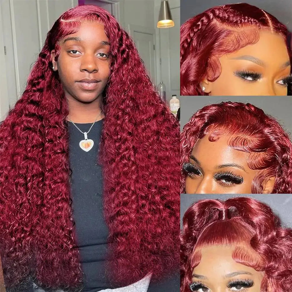 Tahikie 99j Burgundy Lace Front Human Hair Wig 30 Inch Deep Wave Frontal Wig 13x6 Hd Pre Plucked Transparent Lace Wigs For Woman
