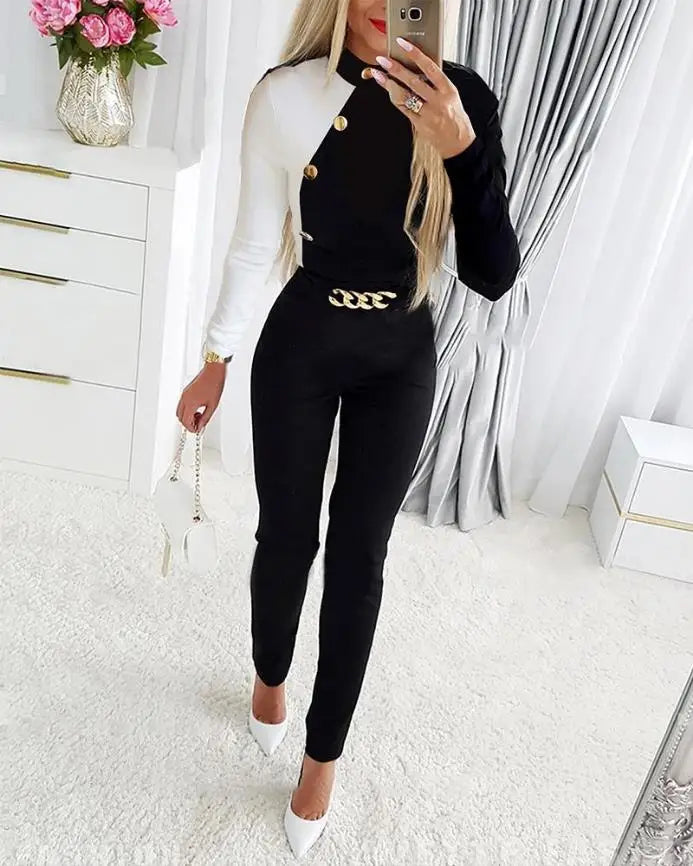 Fall Outfits Women Chain Decor Sheer Mesh Overlay Long Sleeve Tight Fitting Jumpsuit Fashion and Elegant Commuting Combinations