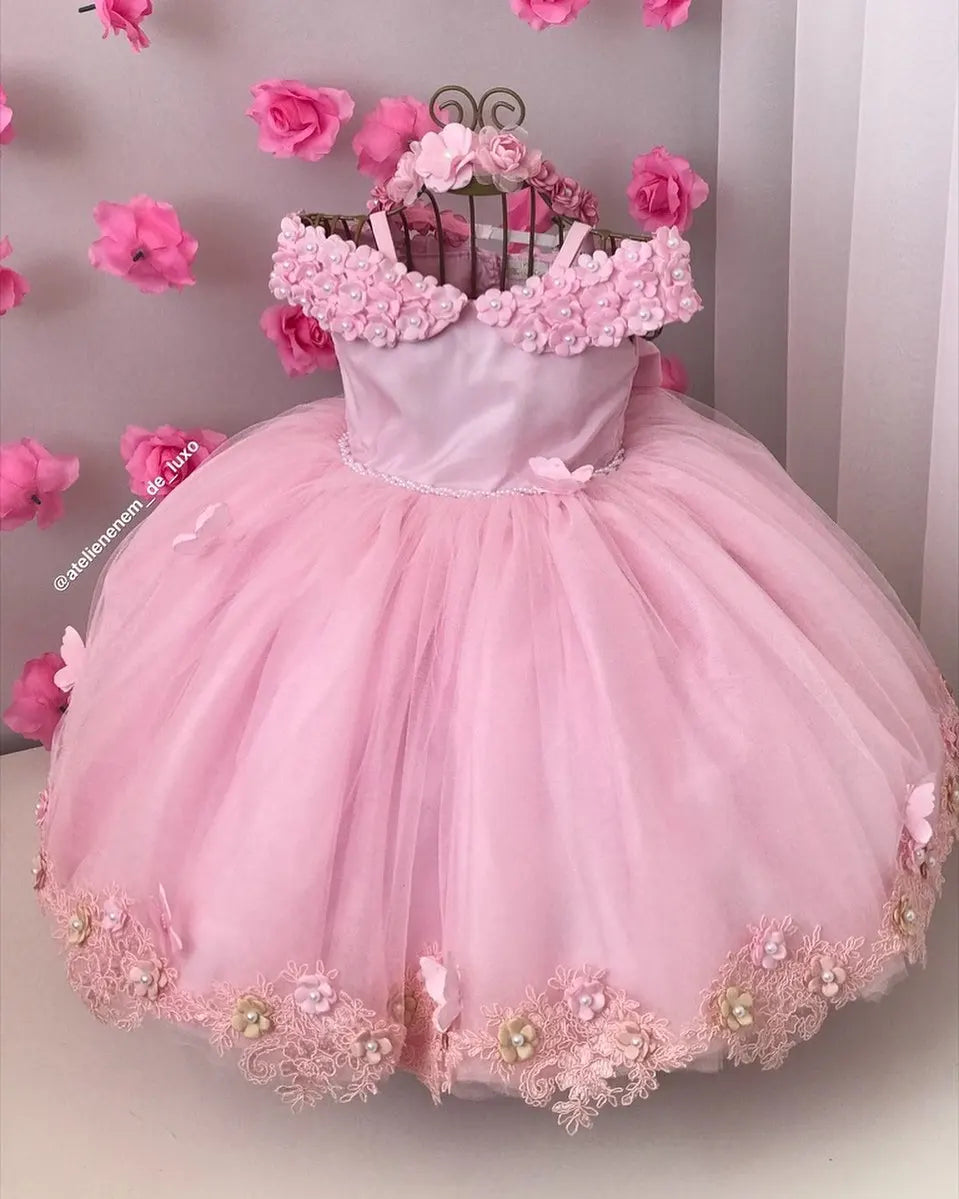 Gold Flower Girl Dress For Wedding Puffy 3D Applique Tulle With Pearl Princess Kids Birthday First Communion Ball Gown