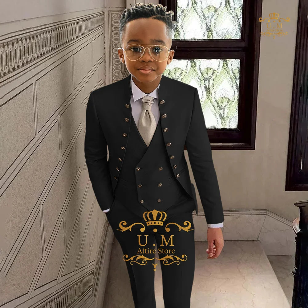 khaki boy's suit 3-piece set in khaki full open top jacket vest pants custom tuxedo for children wedding birthday cocktail party