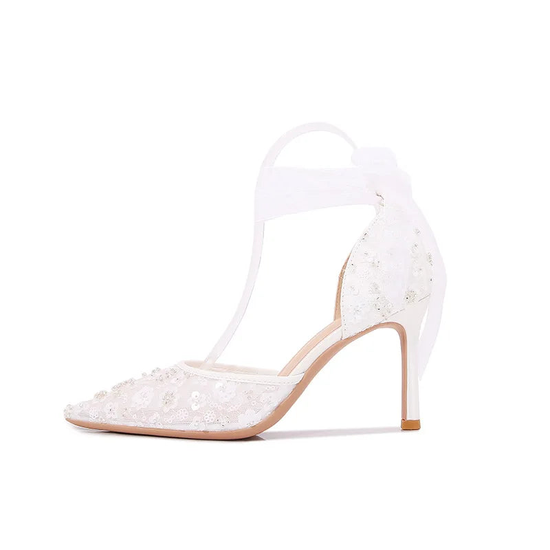 French Beaded Hollow Sandals Women's White Lace Strap Pointed High Heel Main Wedding Shoes