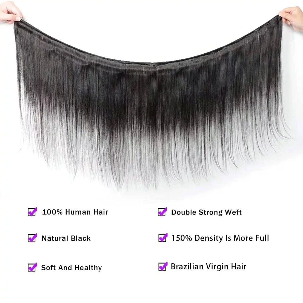 Straight Hair Bundles With Closures Brazilian Remy Human Hair Bundles and Closure 13x4 Lace Frontal Natural Black #1B For Women