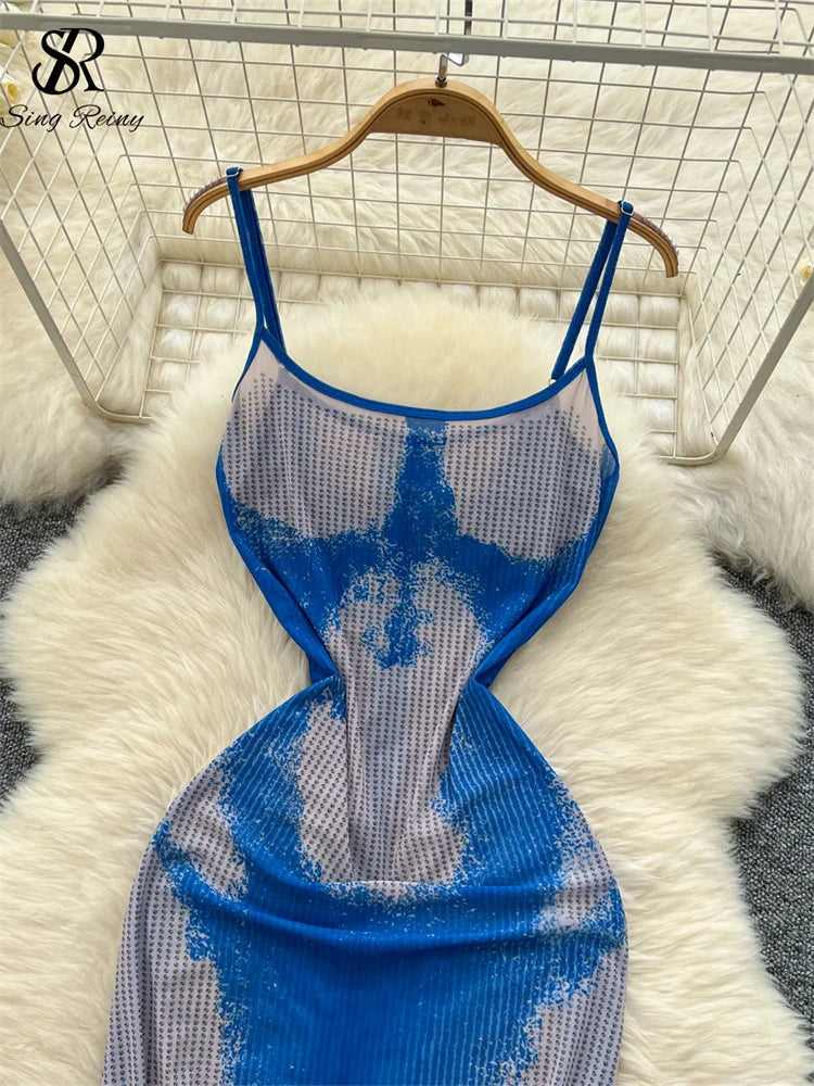 SINGREINY Sexy Beach Party Long Dress Diamonds Print Straps Backless Slim Fit Sundress Women Summer Mesh Bodycon Evening Dress