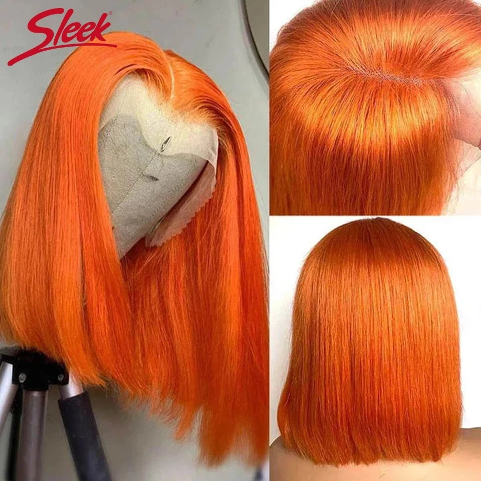 Highlight P4/27 Bob Wigs Brazilian Straight 13x4 T Lace Front Bob Wig Sleek Remy Human Hair Wigs 220% Density Orange Color
