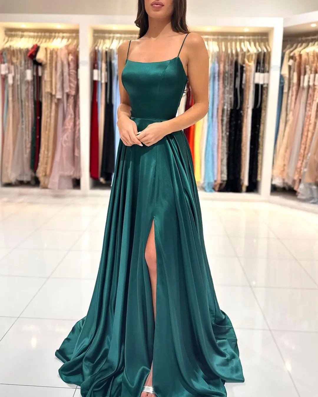 BABYONLINE Prom Dress Satin A-line Gown with Strappy Lace Up Back and High Skirt Slit Floor Length Wedding Bridesmaid Dresses