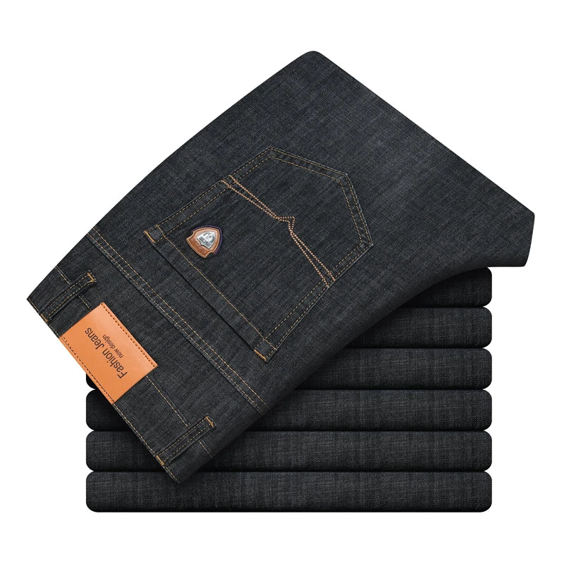 Men's stretch jeans summer thin business casual pants classic brand high waist fashion loose straight pants light blue dark blue