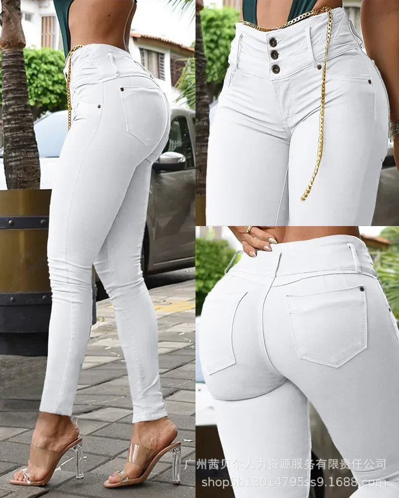 Women Pants Solid Color Pencil Pants Zipper Fly Slim Fit Flat Streetwear High Waist Pockets Sexy Sheath Autumn 2023 Button