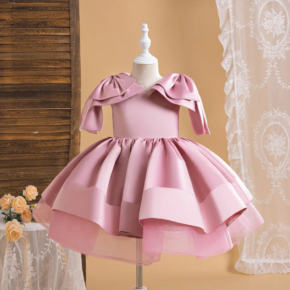 Luxury Bow Bridesmaid Girls Dress for Party and Wedding Gown Formal Satin Birthday Prom Princess Dresses Girl Gala Kids Clothing