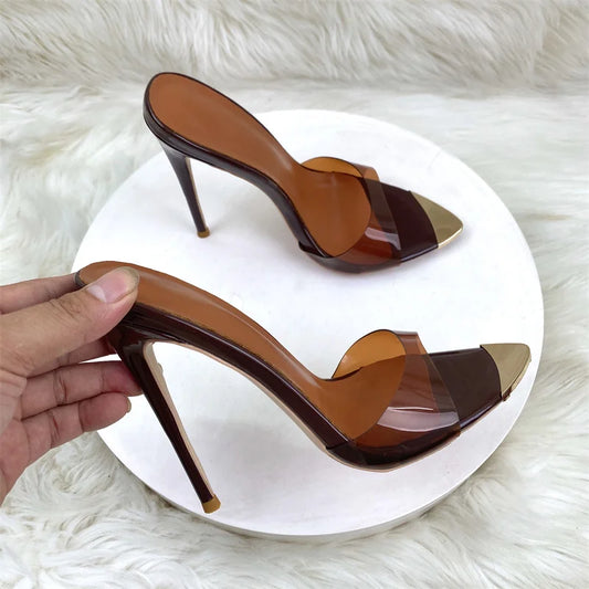 Keshangjia 12cm Sexy Pointy Color Pvc Slippers High Heel Sandals Women Brown  Stiletto Heels Lady Shoes Female Big Size 44-46