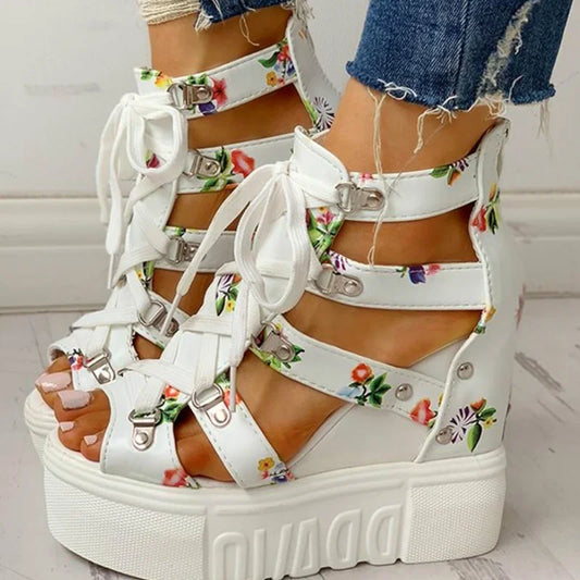 Pmwrun Print Leisure Wedges Women's Shoes 2024 Summer Shoes Women Sandals Platform Shoelaces High Heels Casual Shoes Woman