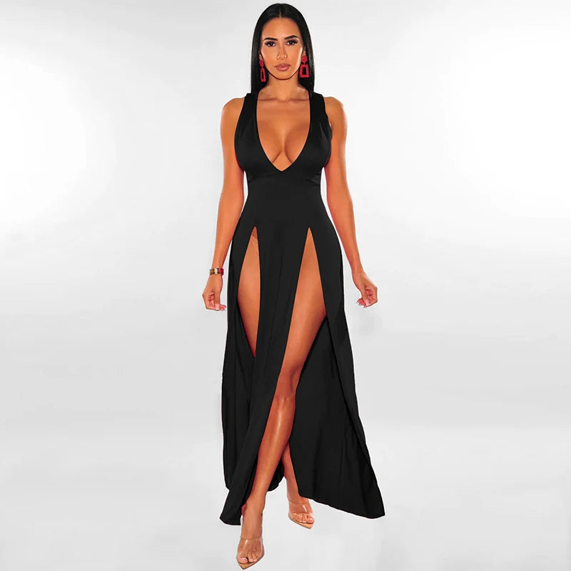 Sexy Woman Club Dress Backless Sleeveless Deep V-Neck High Waist Slit Maxi Dress Birthday Midnight Party Elegant Women Dress