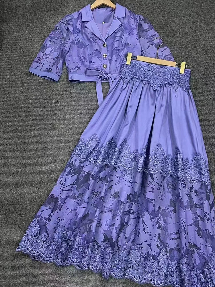 Retro embroidered lace lapel short shirt two-piece set for 2025 summer women's wear + applioned high-waisted loose skirt set