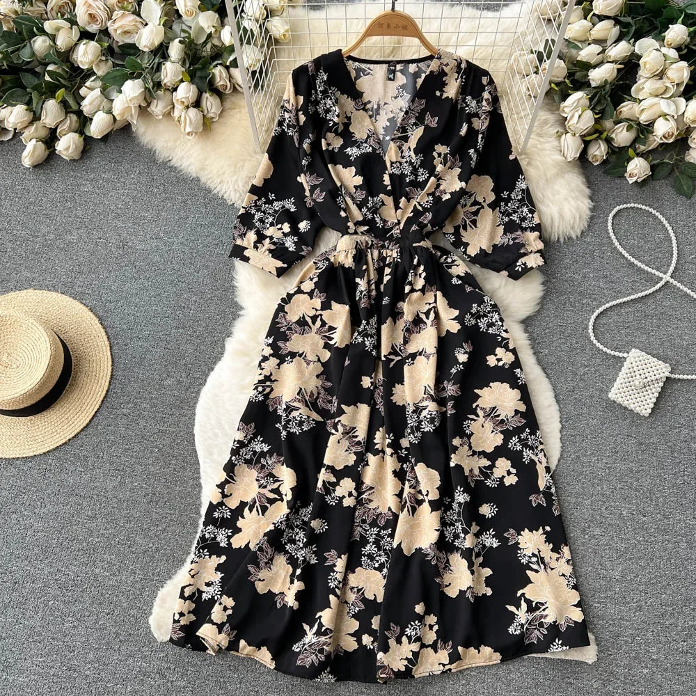 Summer Holiday Floral Beach Wrap Dress Women V Neck Short Sleeves Chic A Line Dress Bohemian Vintage Print Long Dress