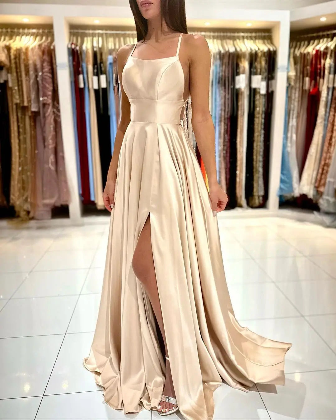BABYONLINE Prom Dress Satin A-line Gown with Strappy Lace Up Back and High Skirt Slit Floor Length Wedding Bridesmaid Dresses