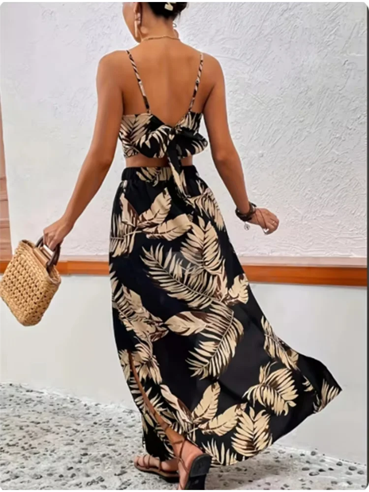 Sleeveless Printed Dress Set for Women Sexy Half Skirt Elegant Deep V-Neck Strap High Waist Summer Luxury