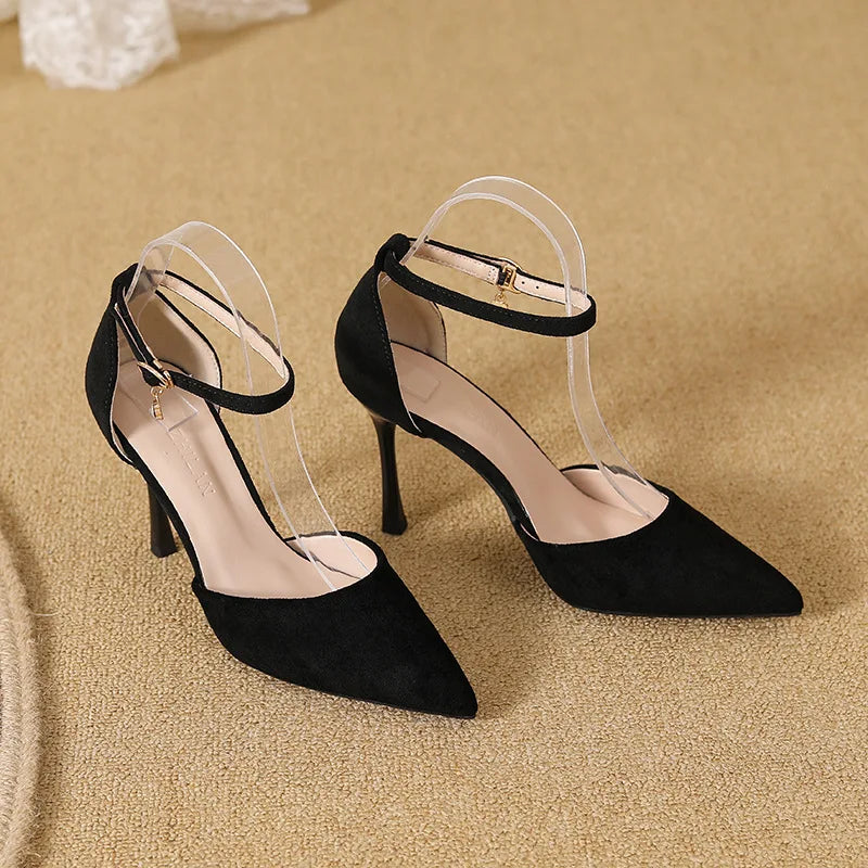 Small Size 30-44 Women High Heel Shoes Suede Thin Heels Ankle Strap Solid Color Point Toe Black Shoes