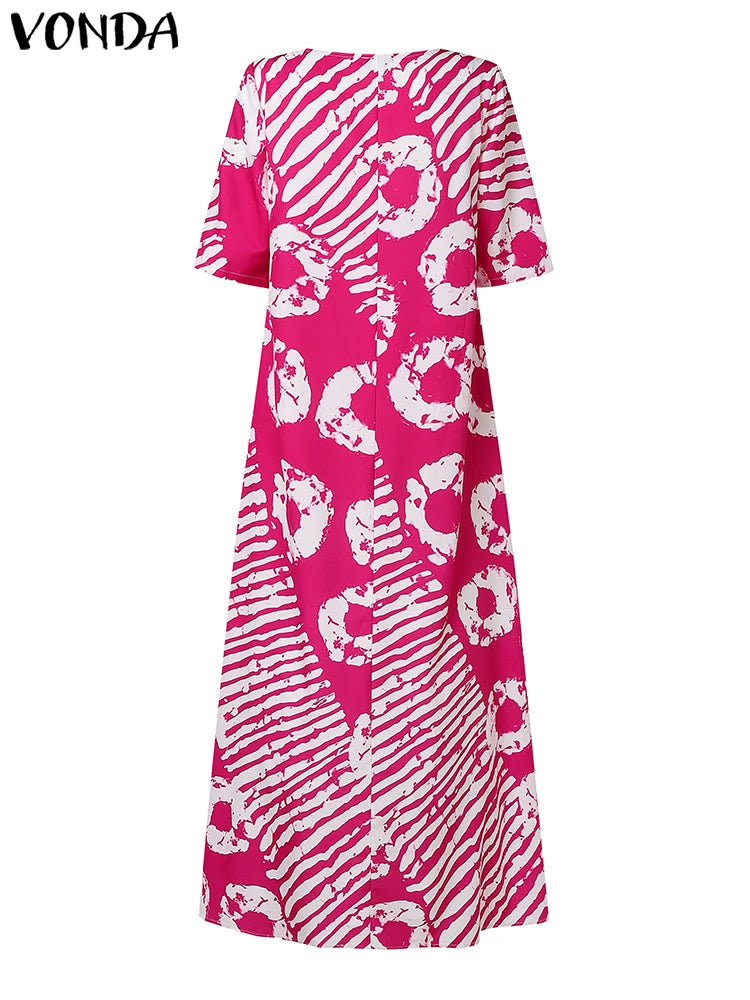 Plus Size Women Bohemian Maxi Dress 2025 Summer Printed Long Sundress VONDA Beach Party Vestidos Half Sleeve Casual Loose Robe