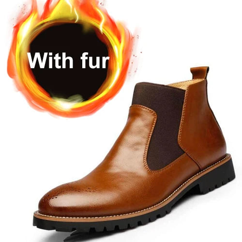 Men's Chelsea Boots Anti Slip Waterproof Ankle Spring and Autumn Brocue Fashion Microfiber Leather Shoes Large 46 Zapatos Hombre