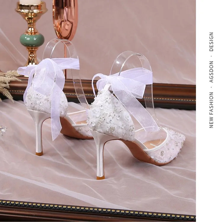 French Beaded Hollow Sandals Women's White Lace Strap Pointed High Heel Main Wedding Shoes