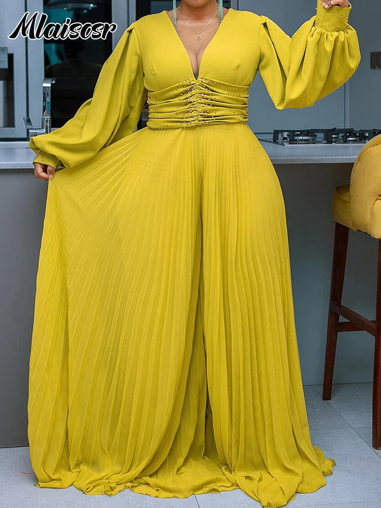 Mlaiscsr Elegant Evening Party Jumpsuit Long Sleeved Waist Pearl Bead Mesh Loose Wide Leg Pleated Long Dinner One Pieces Rompers