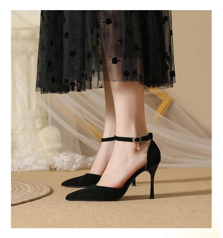Small Size 30-44 Women High Heel Shoes Suede Thin Heels Ankle Strap Solid Color Point Toe Black Shoes