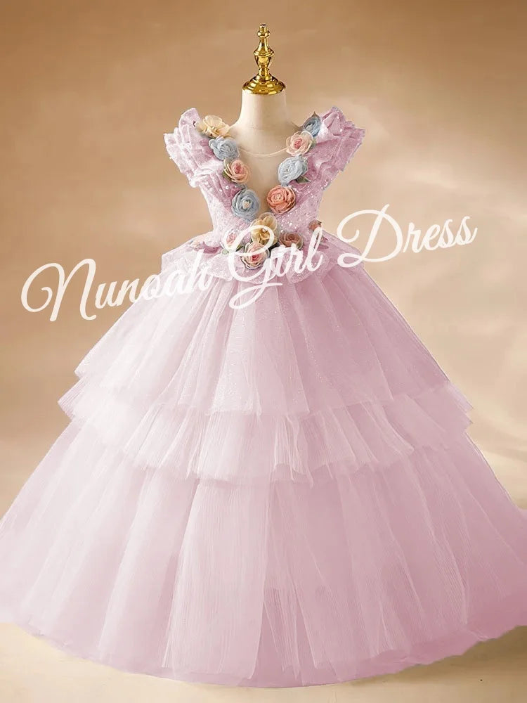 Blue Flower Girl Dresses Pageant Gown for Wedding 3D Floral Appliques Sequins Ruffles Birthday Party First Communion Gowns