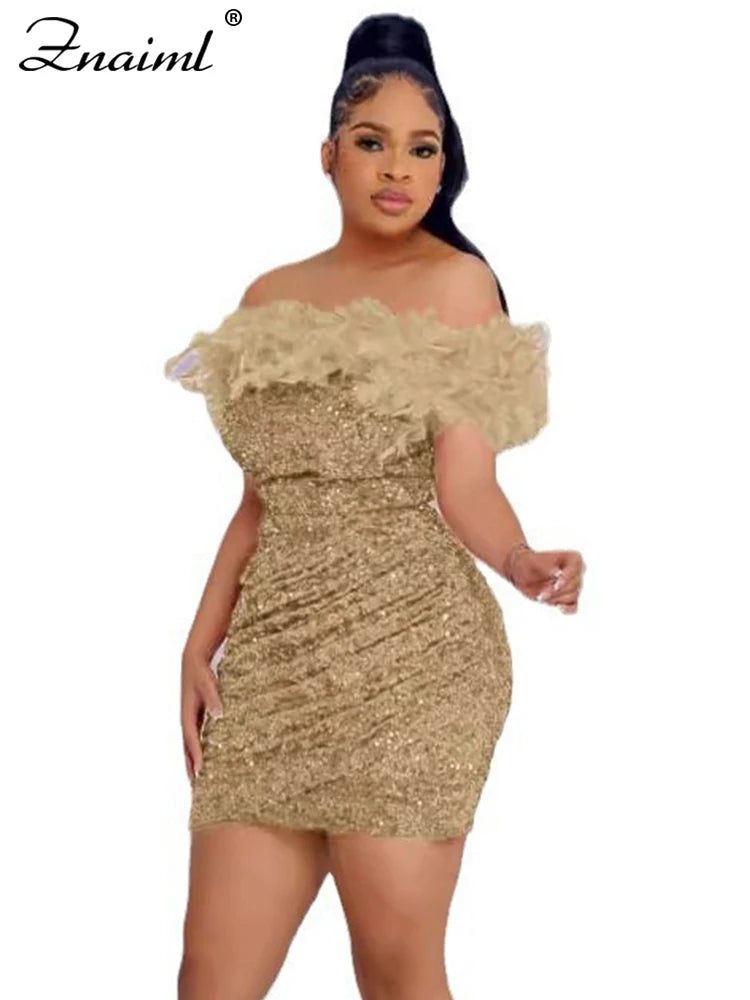 Znaiml Sexy Feather Sequin Glitter Off Shoulder Bodycon Night Club Mini Dress Women Backless Slim Ruched Birthday Gowns Vestidos