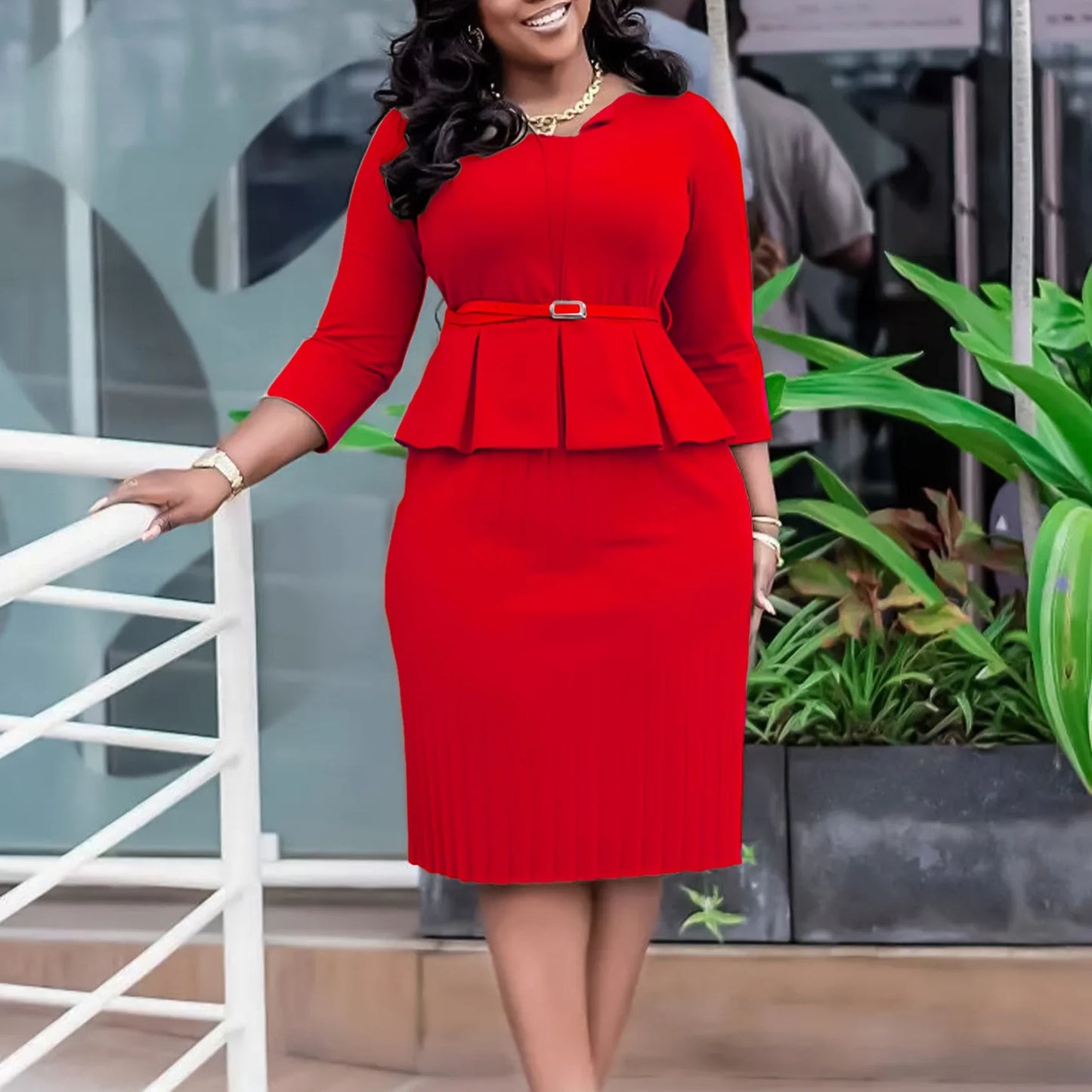 Elegant Office Dresses for Women V Neck Three Quarter Sleeve Belt Waisted Sheath Mid Calf Professional Business Work Dress Midi