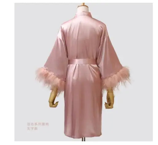 Women FEATHER Bride Bridesmaid Wedding Robe Satin Kimono Bathrobe Gown Nightwear Embroidery Letter Nightgown V-Neck Lingerie