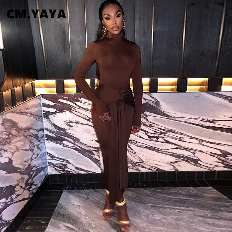 CM.YAYA Women Full Sleeve Turtleneck Ribbon Ruched Long Maxi Dress 2025 Spring Sexy Street Slim Evening Night Club Party Dresses