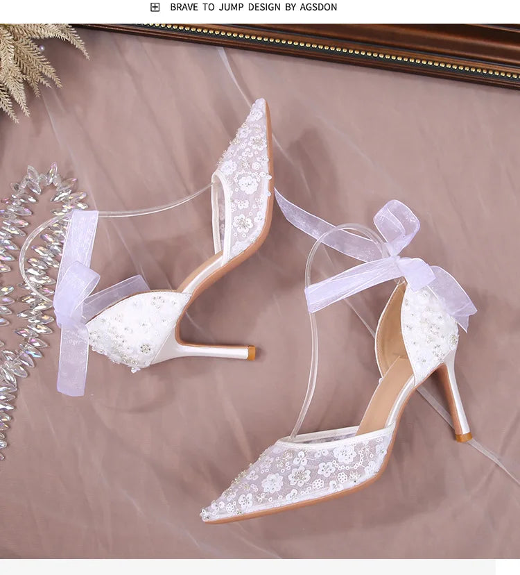 French Beaded Hollow Sandals Women's White Lace Strap Pointed High Heel Main Wedding Shoes