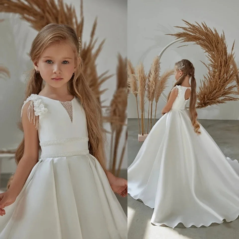 Customized  Flower Girl Dress for Weddings 3D Flowers Beaded Satin A-line Long Birthday Pageant Robe First Communion Gown
