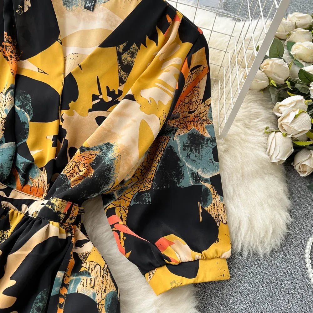 Summer Holiday Floral Beach Wrap Dress Women V Neck Short Sleeves Chic A Line Dress Bohemian Vintage Print Long Dress