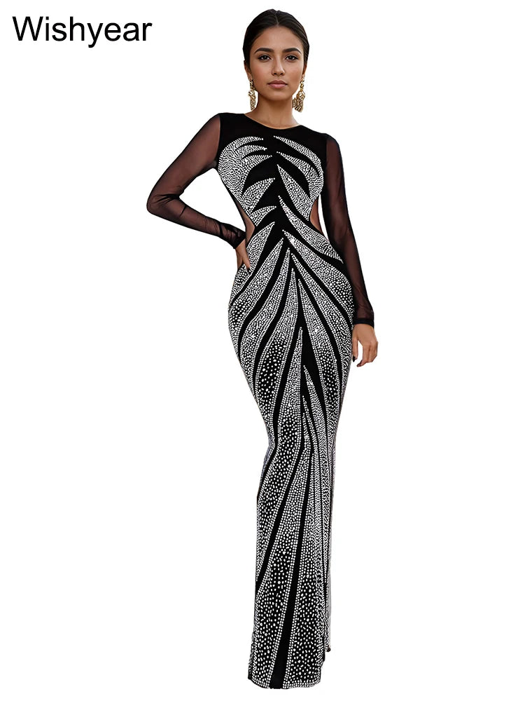 Wishyear Sexy Evening Party Dresses Women Black Mesh See Through Long Sleeve Diamonds O-neck Mermaid Vestidos Birthday Clubwear