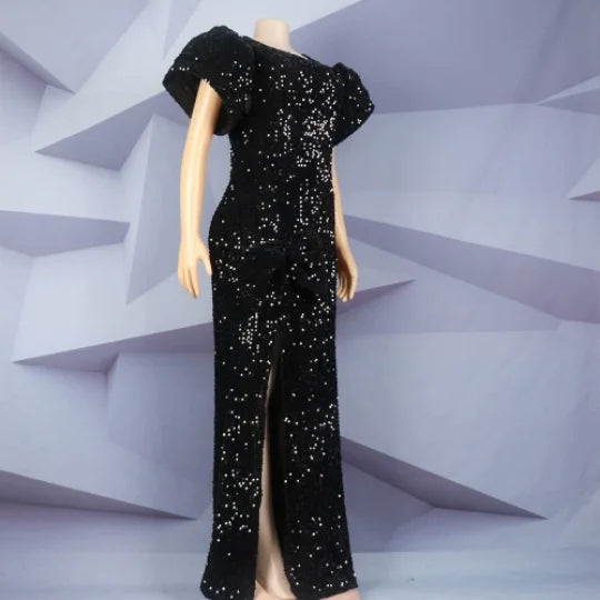 CM.YAYA Women Short Sleeve O-neck High Side Split Sequined Bodycon Midi Maxi Dress 2023 Sexy Party Birthday Long Dresses Vestido