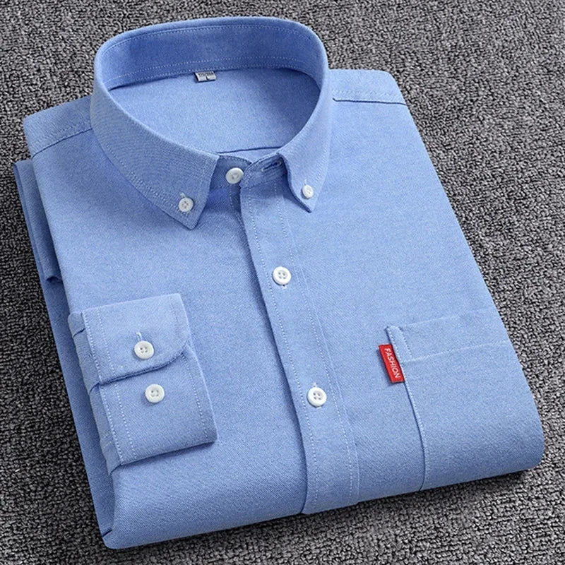Men's Oxford Long Sleeve Shirts 100% Cotton Solid Color Turn Down Collar Regular Fit Daily Men Clothing Button-down Shirts 5XL