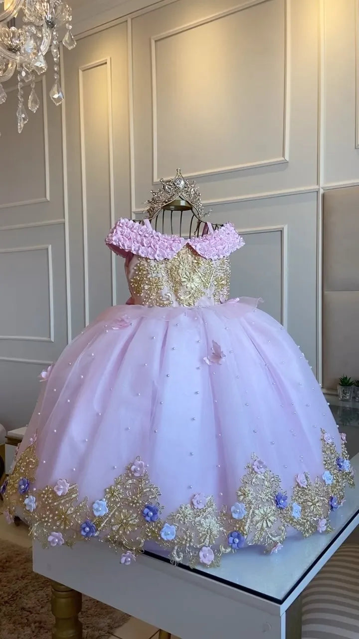 Gold Flower Girl Dress For Wedding Puffy 3D Applique Tulle With Pearl Princess Kids Birthday First Communion Ball Gown