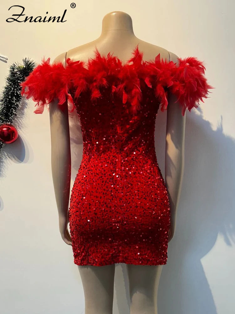 Znaiml Sexy Feather Sequin Glitter Off Shoulder Bodycon Night Club Mini Dress Women Backless Slim Ruched Birthday Gowns Vestidos