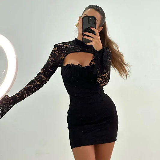 TARUXY Lace Splice Chest Hollow Dress Women's Tight Waist Sexy Slim Flare Sleeve Mini Dress Solid Elegant Hot Girl Party Outfit