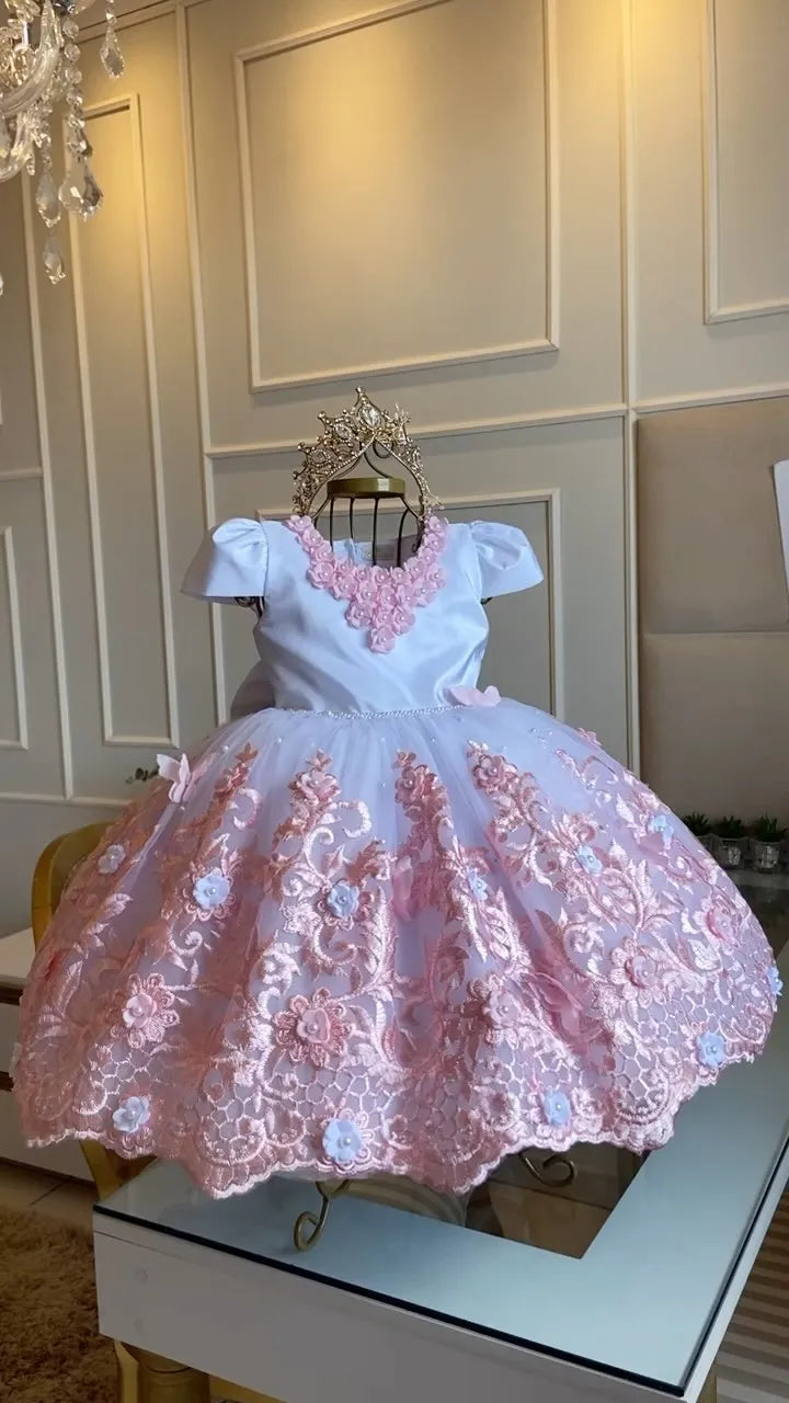 Gold Flower Girl Dress For Wedding Puffy 3D Applique Tulle With Pearl Princess Kids Birthday First Communion Ball Gown