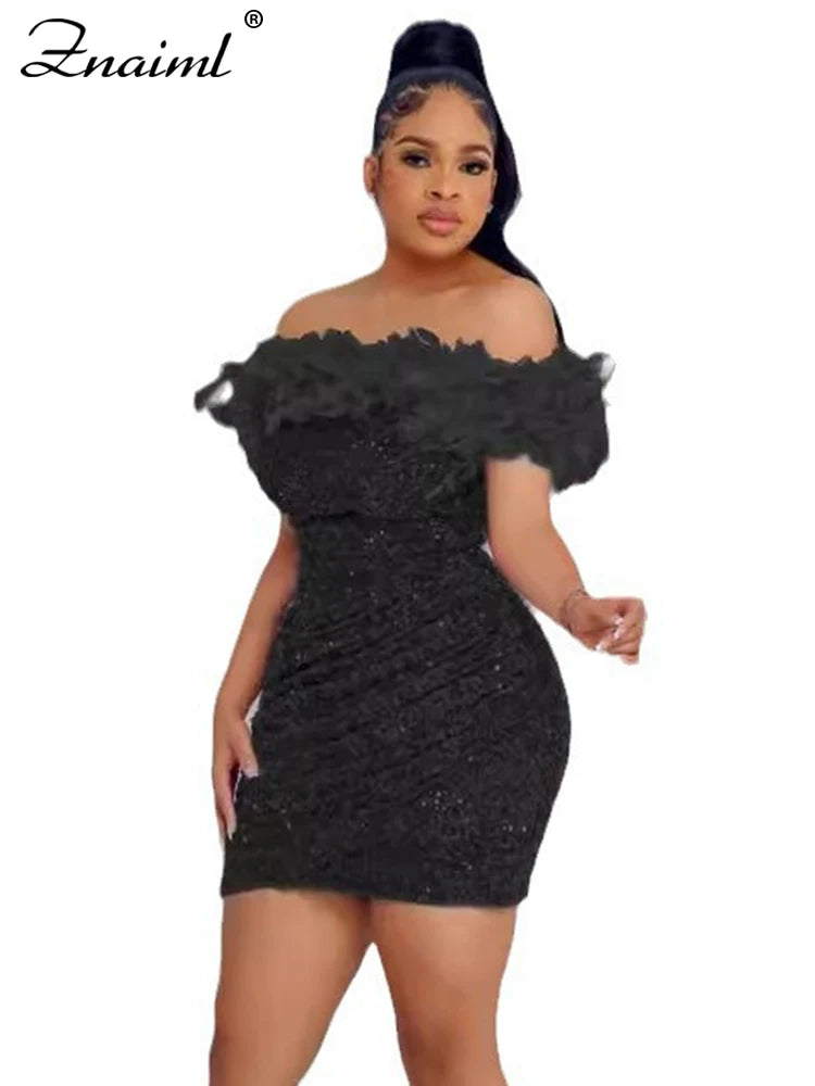 Znaiml Sexy Feather Sequin Glitter Off Shoulder Bodycon Night Club Mini Dress Women Backless Slim Ruched Birthday Gowns Vestidos