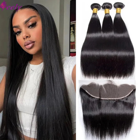 Straight Hair Bundles With Closures Brazilian Remy Human Hair Bundles and Closure 13x4 Lace Frontal Natural Black #1B For Women