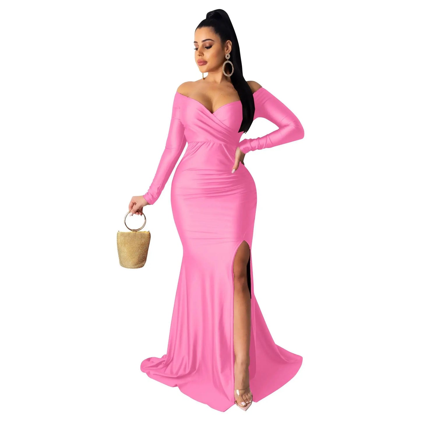 Pink Elegant Party Dresses Ladies Long Sleeve V Neck High Slit Maxi Dress High Waist Corset Metallic Bodycon Long Dress Vestidos